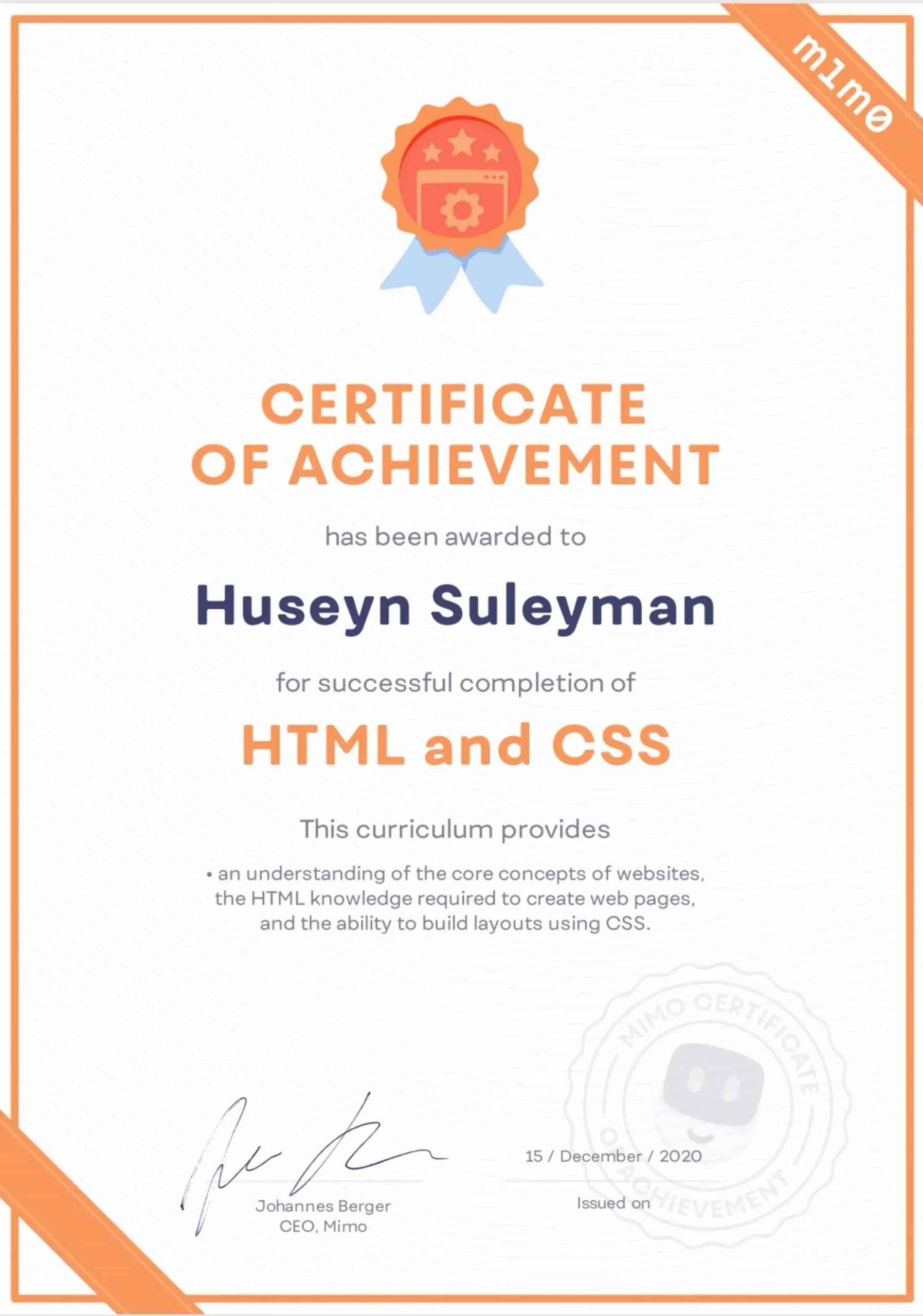 Html, Css certificate Mr. Huseyn Suleyman-2