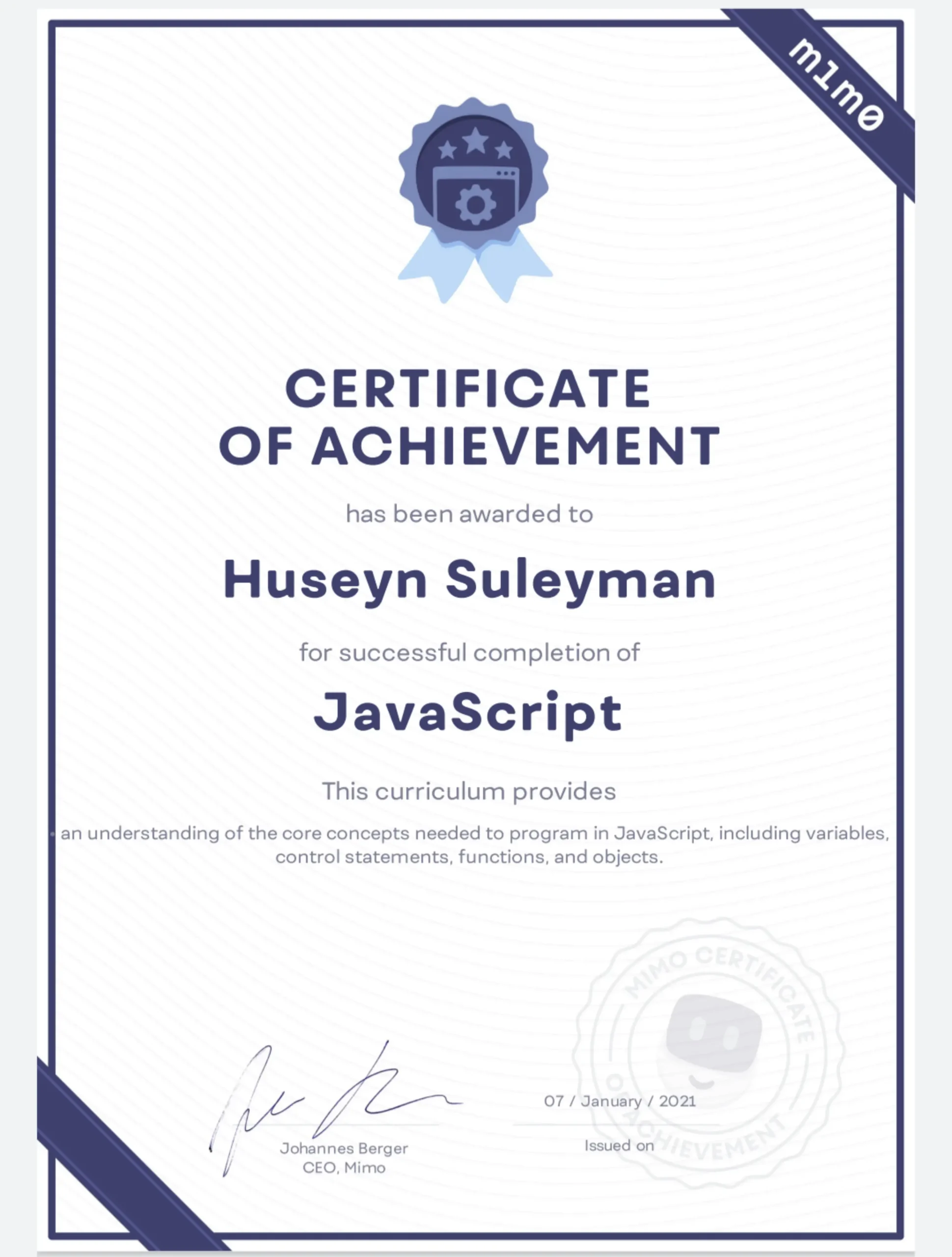 Javascript certificate Mr. Huseyn Suleyman-2